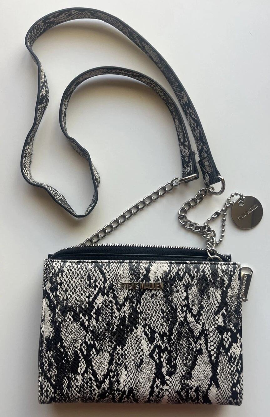 Steve Madden Crossbody Messenger Bag Purse Faux Snake Skin Black White